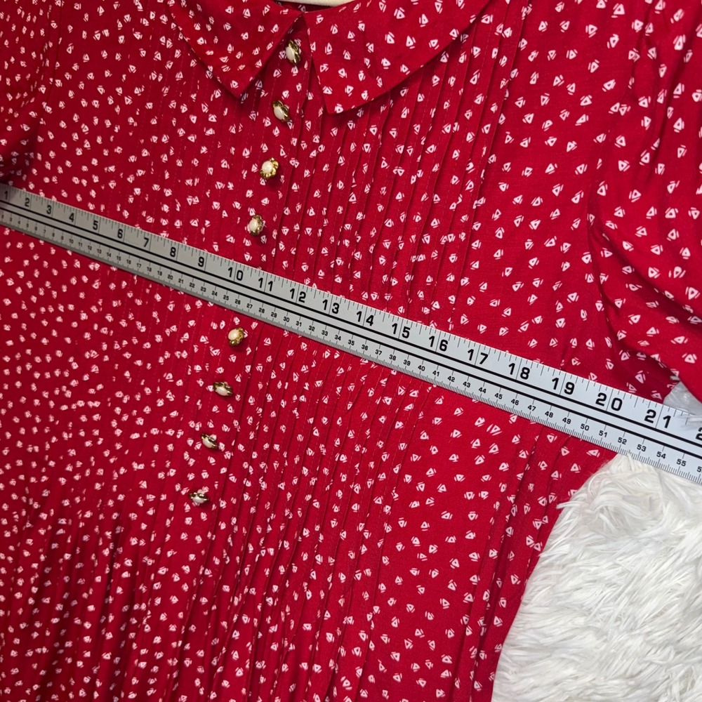 VTG Sunshine Starshine Red 80's Print Dress Peter Pan Collar Pleated sz 12 - Picture 8 of 10